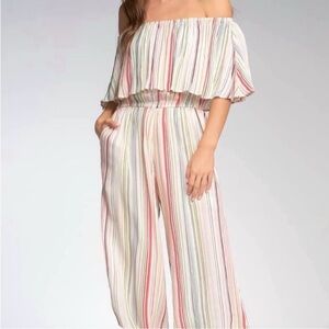 Elan Multicolor Striped Off-Shoulder Jumpsuit - Pink, Yellow, Blue